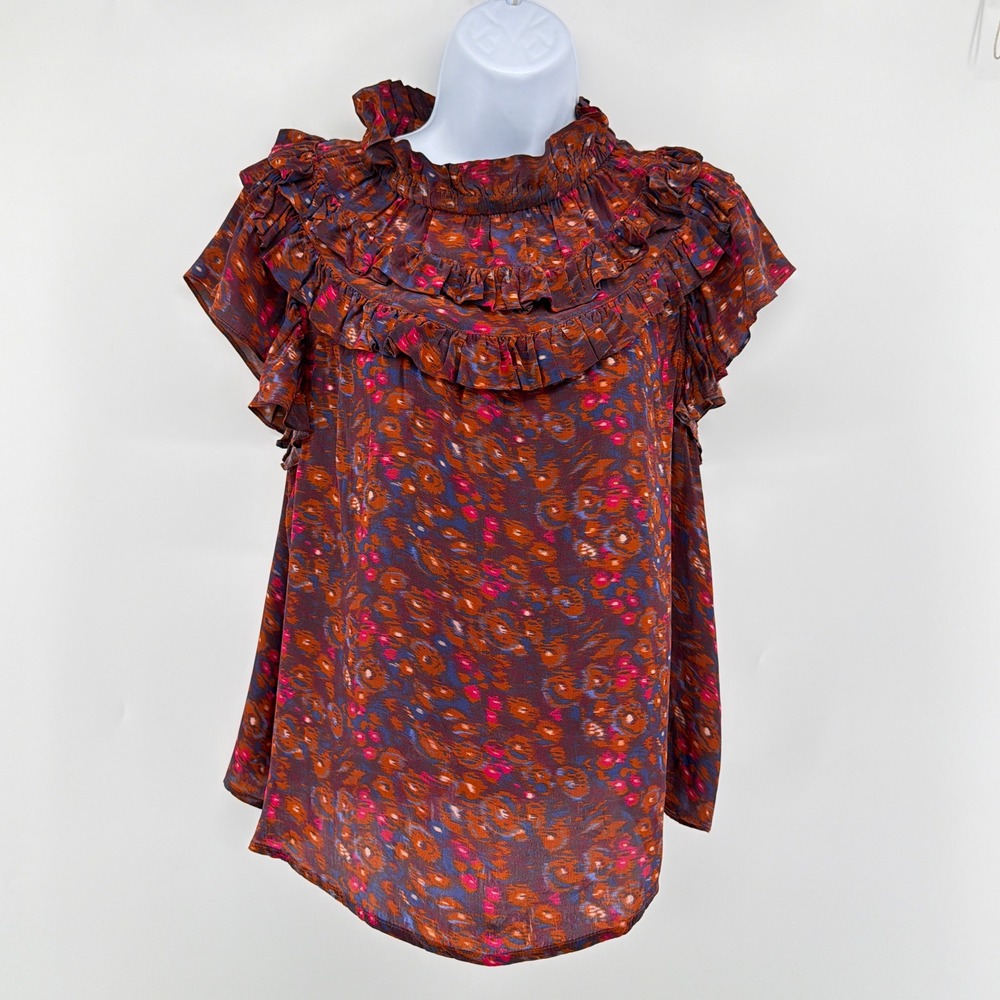 Sea New York Ruffle Yoke Blouse Top Rust Abstract Floral Ikat Flutter Large L